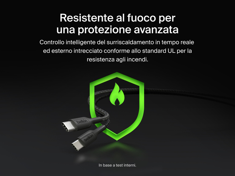 Il cavo intrecciato da USB-C a 2 USB-C BoostCharge Pro Belkin &egrave; composto da materiali resistenti agli incendi e offre una protezione in tempo reale dal surriscaldamento, per garantire una ricarica sicura e affidabile con potenza fino a 140 W.